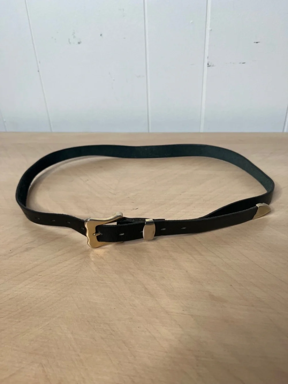Thin Black Leather Belt with Silver Tone Hardware Distinctive Buckle and tip M